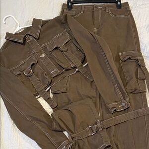 Fashion Nova Dark green Utility cropped Jacket and Pants Set